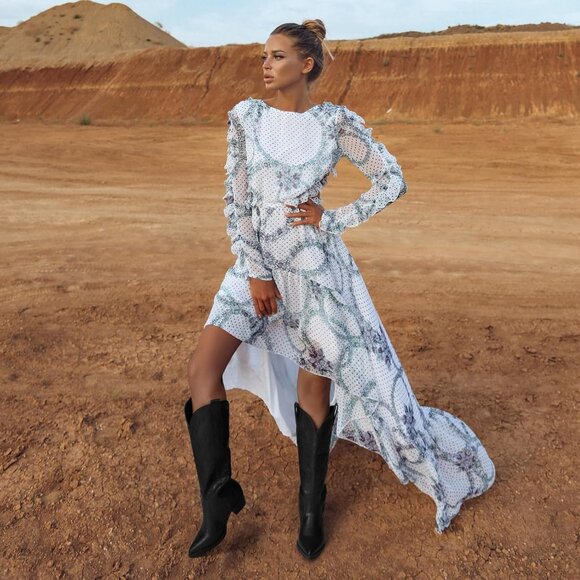 Women's Chunky Knee High Heel Western Leather Embroidered Black Boot - Picture 5 of 6